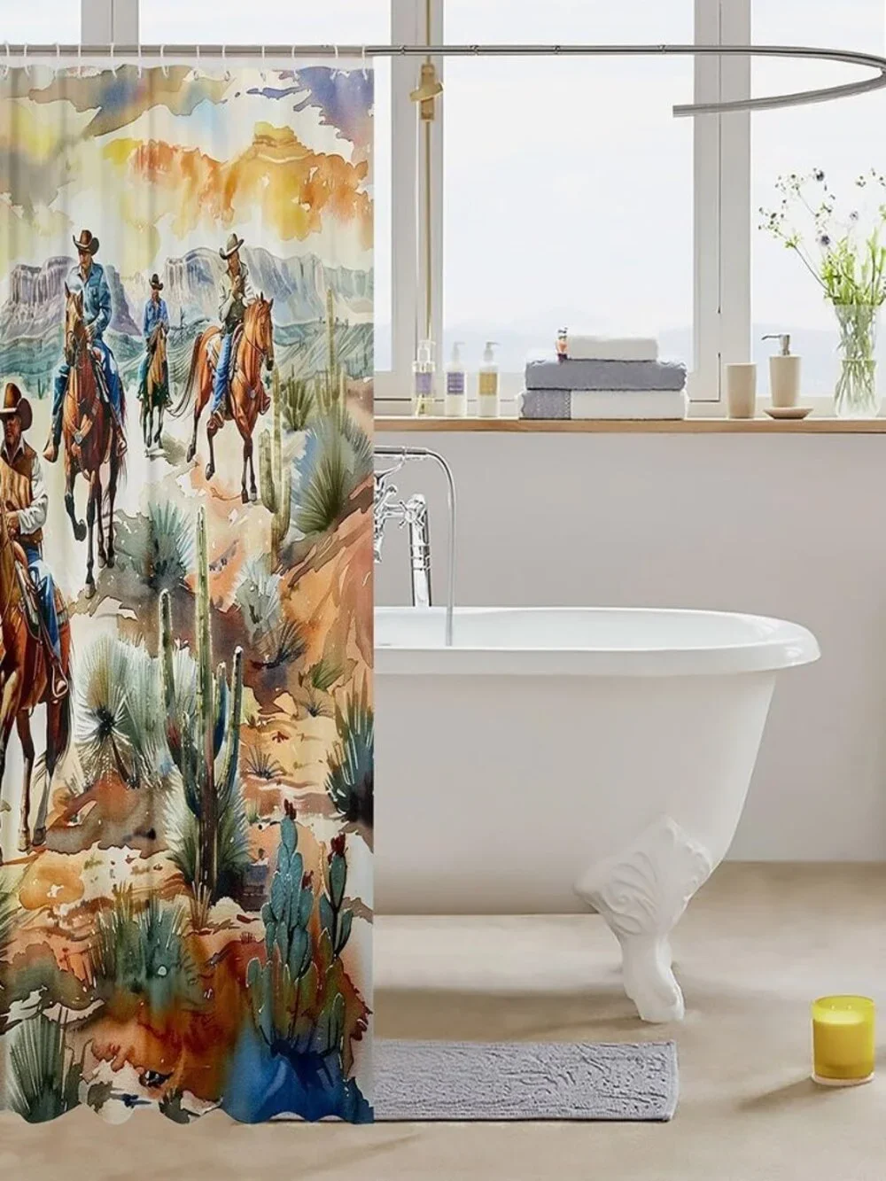Western Cowboy Kids Shower Curtains,West Horse Desert Cactus Bathroom Curtain,Vi